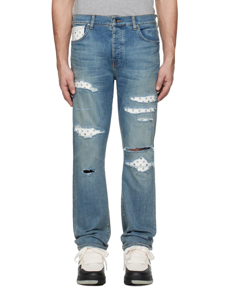 Amiri Blue Leather Bandana Repaired Slim Jeans True