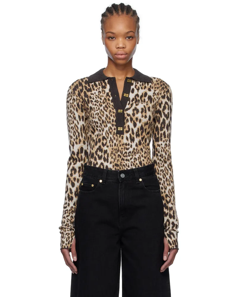 Ganni Brown Leopard Knitted Polo 943