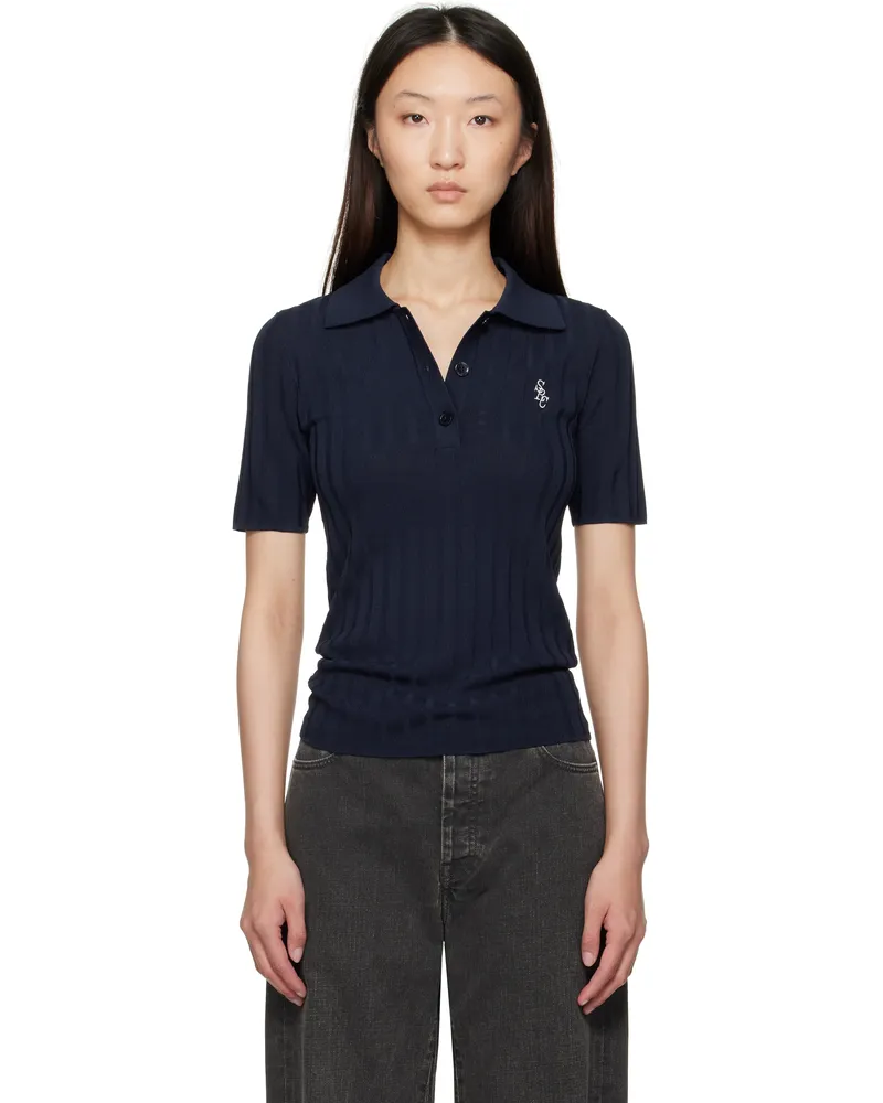 SPORTY & RICH Navy 'SRC' Ribbed Polo 3902