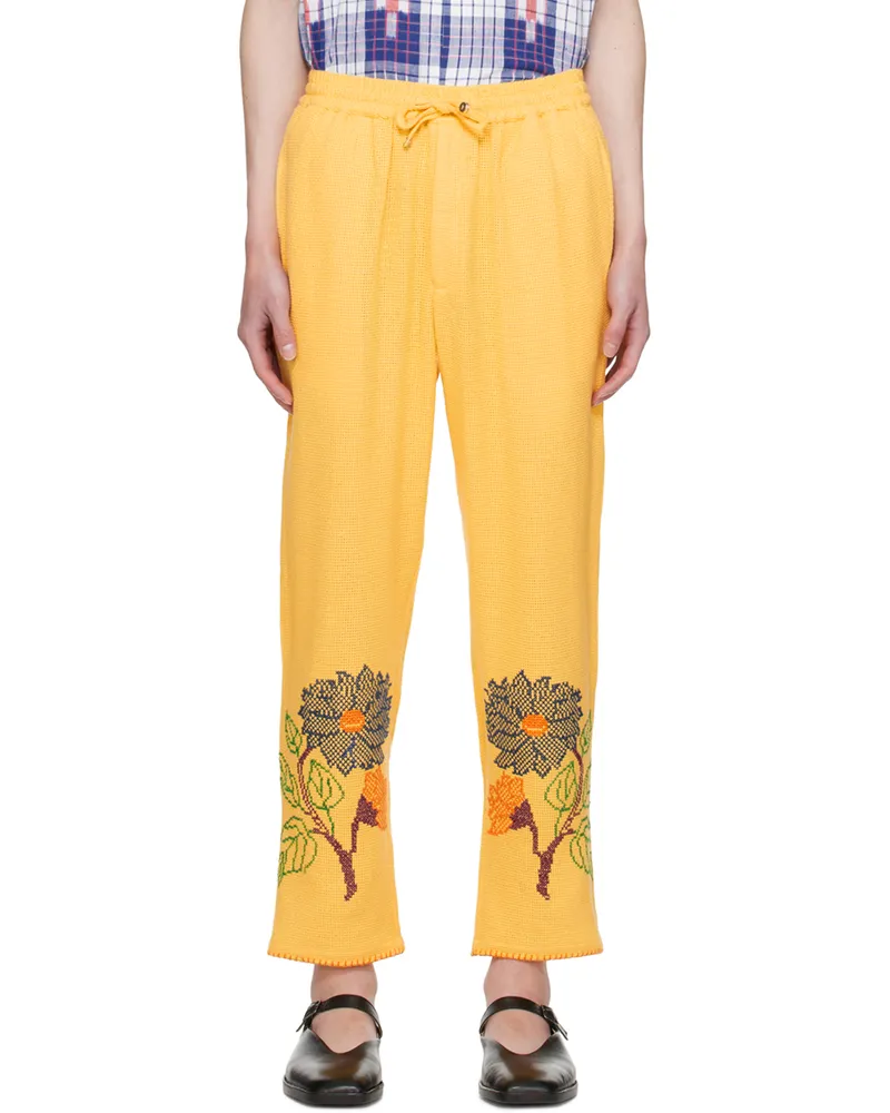 HARAGO Yellow Cross-Stitched Trousers Yellow