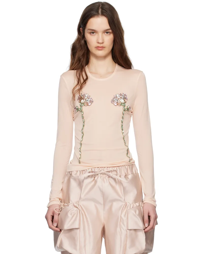 Simone Rocha Beige Embellished Double Carnation Mesh Top Nude