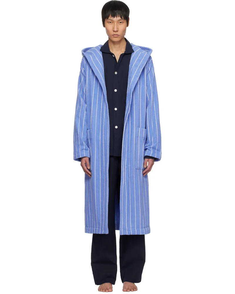 TEKLA Blue & White Terry Hooded Bathrobe Marseille