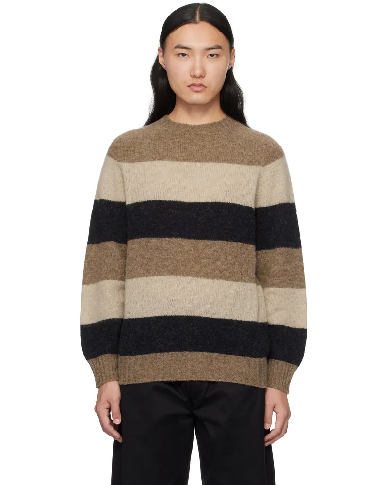 Beams Plus Multicolor Crew Stripe Shaggy Sweater Lt.brown26