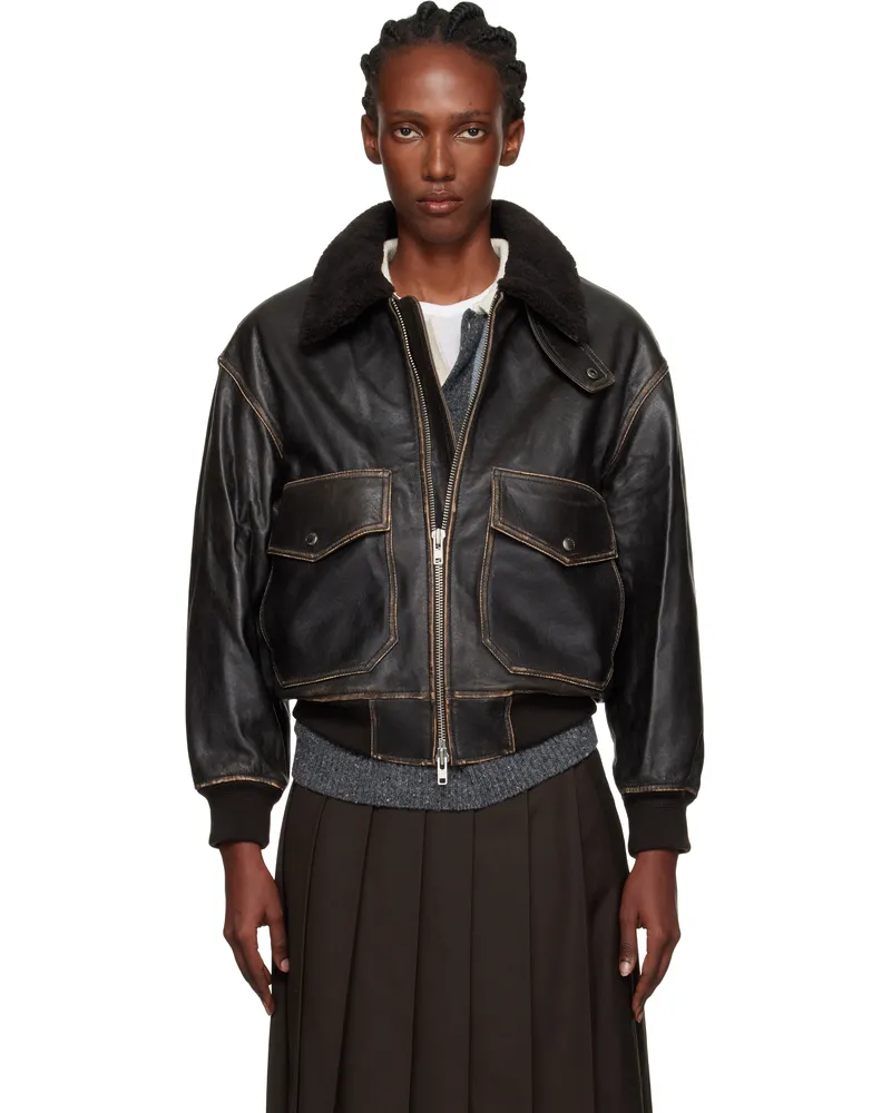 Dunst Brown A-2 Shearling Collared Leather Jacket Brushed