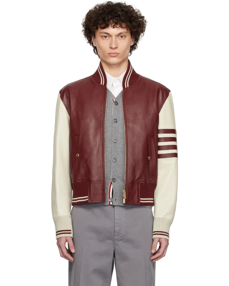 Thom Browne Burgundy & Off-White Classic 4-Bar Leather Bomber Jacket 615