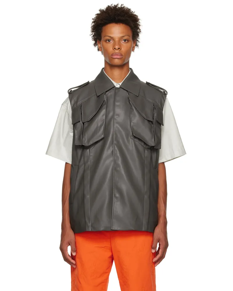 Feng Chen Wang Black Vented Faux-Leather Vest Black