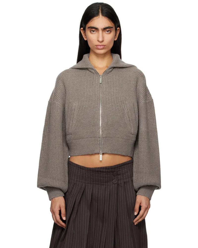 ROTATE Birger Christensen Taupe Knitted Cropped Bomber Sweater 2304