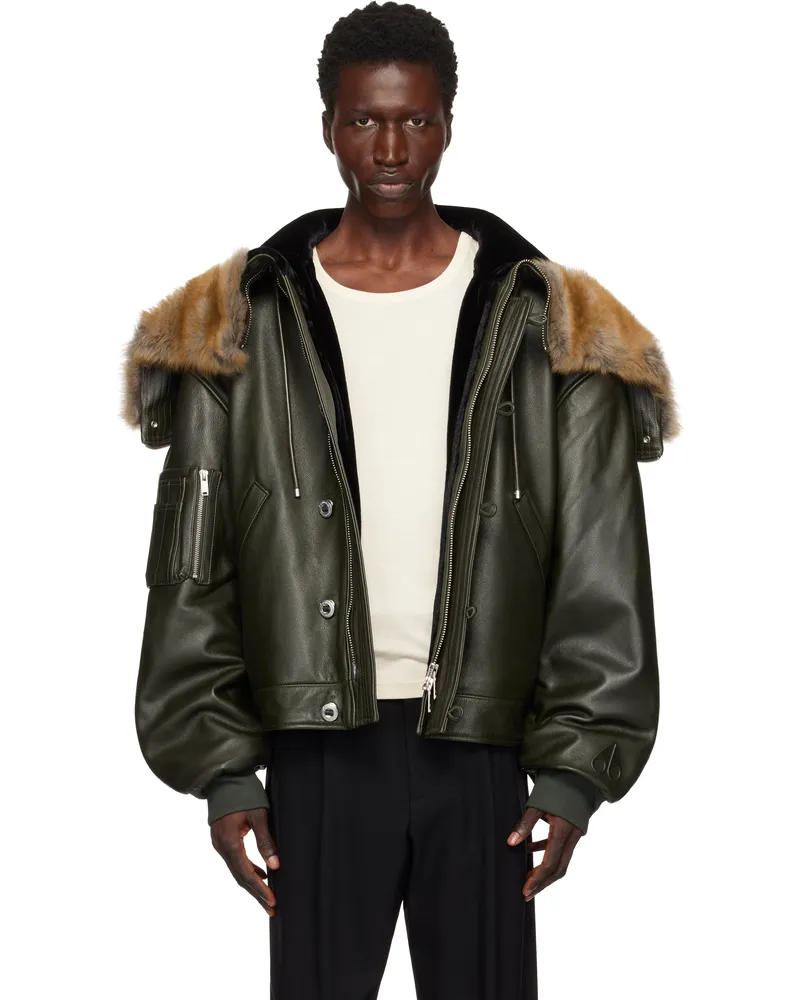 Moose Knuckles Green AJR Split Hood Leather Bomber Jacket 1563