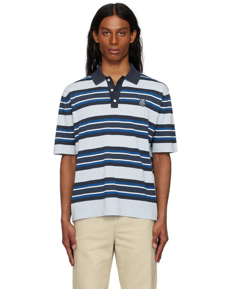 Kitsuné Blue Bold Fox Head Patch Fine Gauge Striped Polo 0285