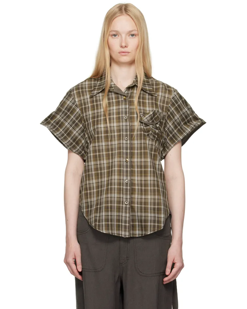 OPEN YY Brown Wire Cuff Check Shirt Brown