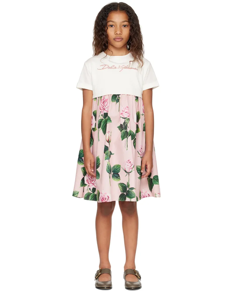 Dolce & Gabbana Kids Pink Rose-Print Poplin & Jersey Dress S9000