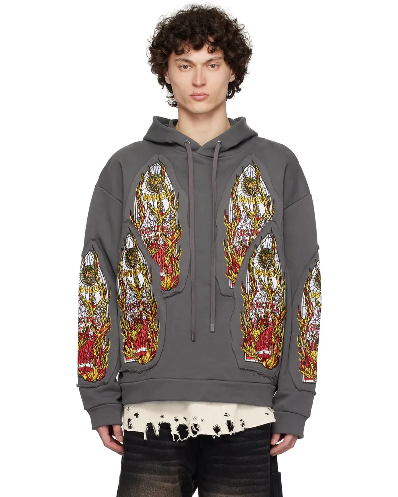 WHO DECIDES WAR Gray Flame Glass Embroidered Hoodie Vintage