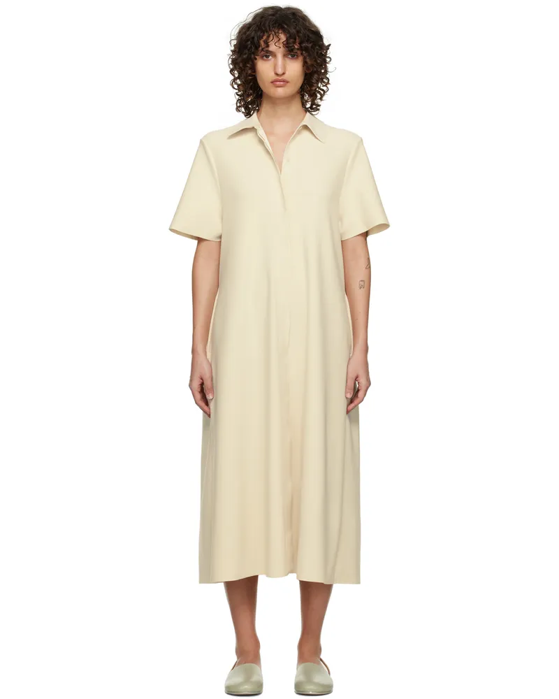 Birrot Off-White Spread Collar Midi Dress Eggshell