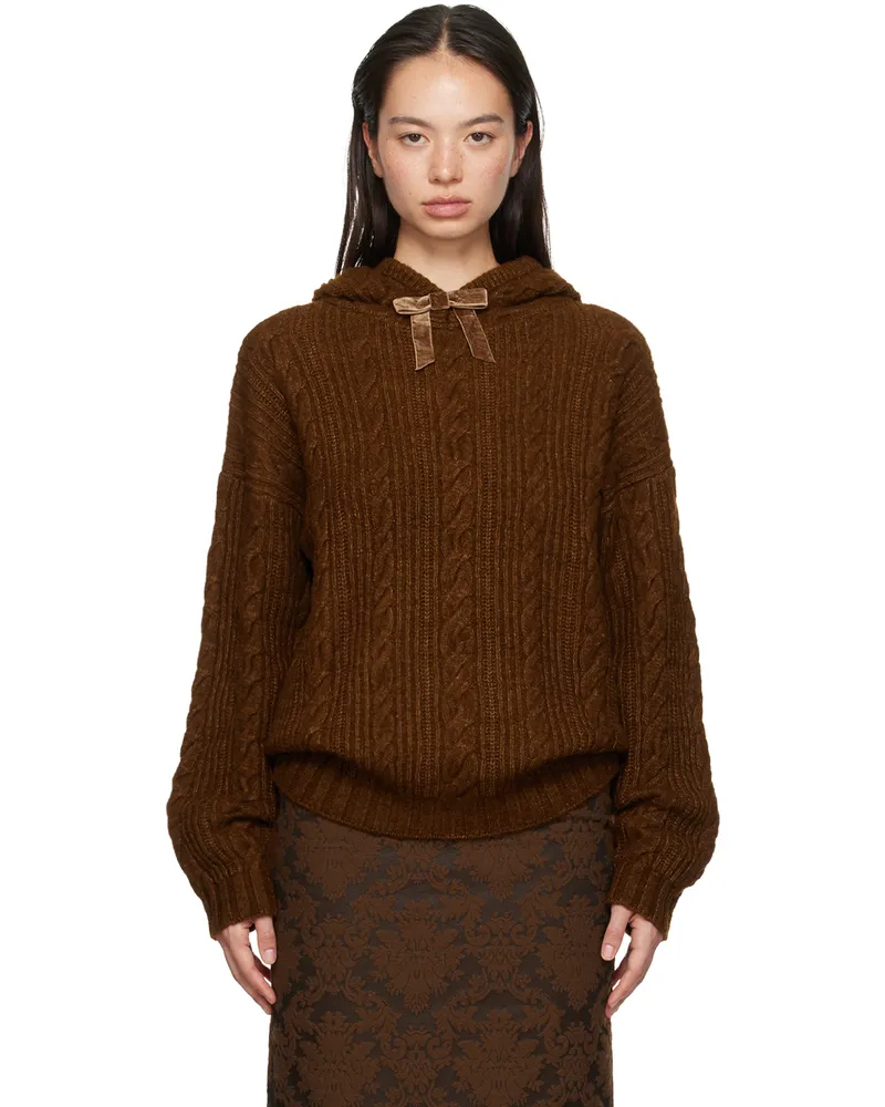 SHUSHU/TONG Brown Cable-Knit Hoodie Bn100