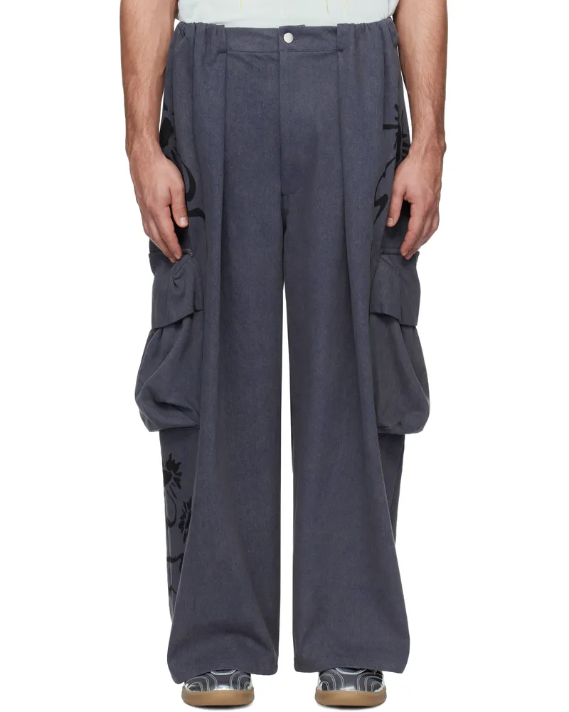 Collina Strada Blue Pleated Denim Cargo Pants Charcoal