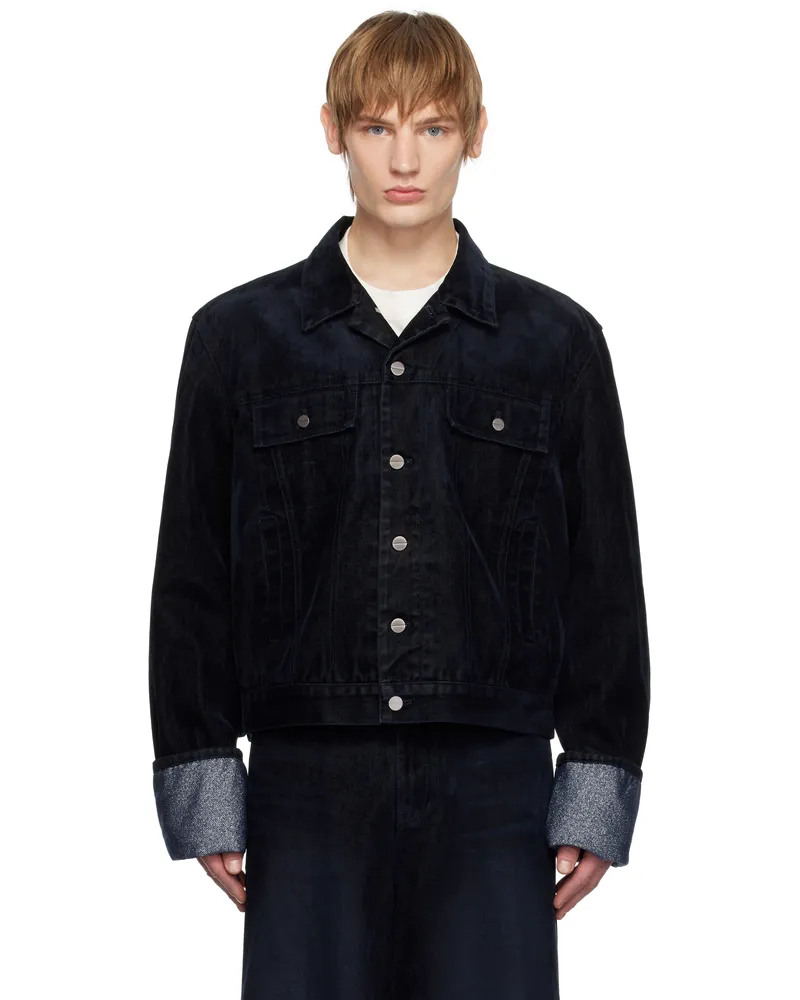 Wooyoungmi Navy Glitter Detail Crop Denim Jacket 981n