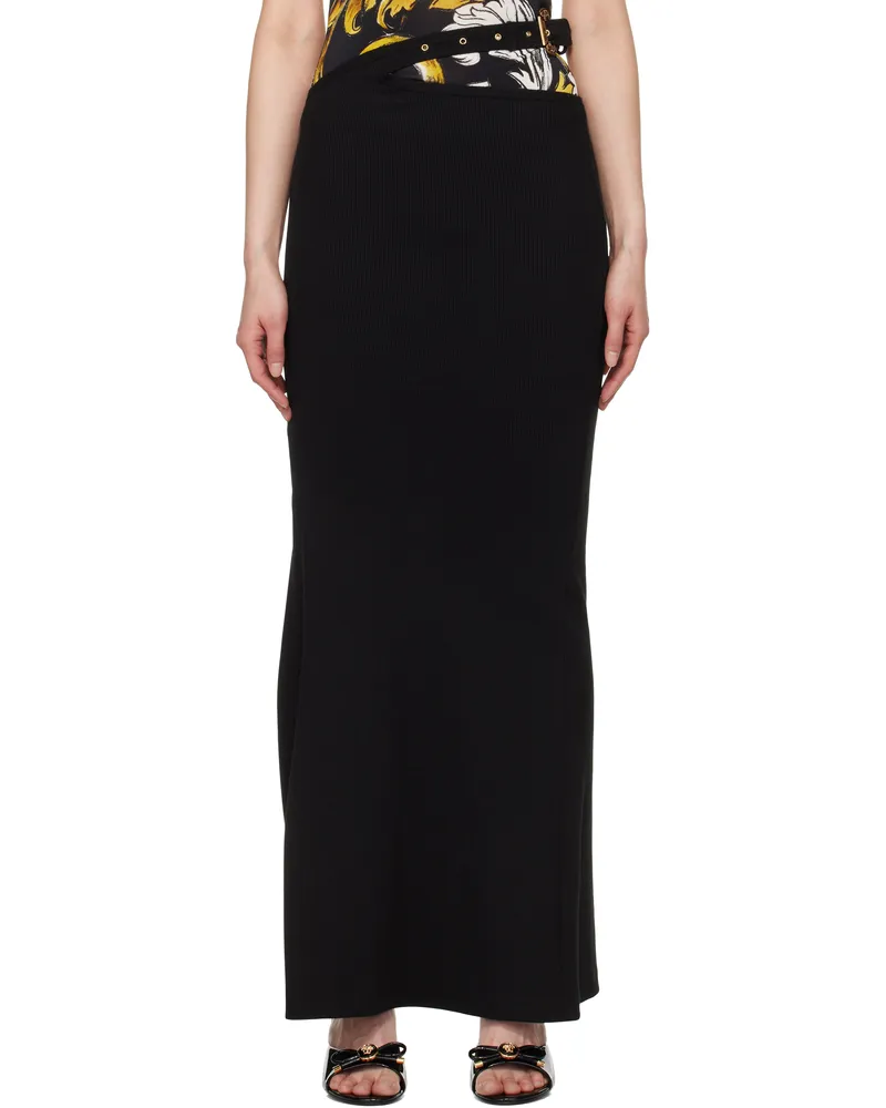 Versace Jeans Black Baroque Buckle Ribbed Maxi Skirt E899