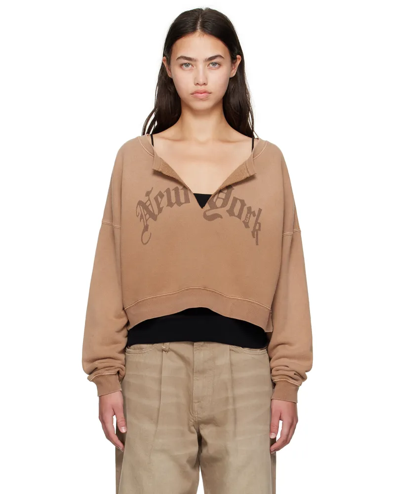 R13 Tan 'New York' Cropped Front Slit Sweatshirt Camel