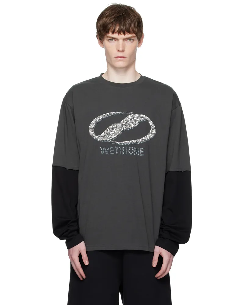 WE 11 DONE Gray Pearl Logo Long-Sleeved T-shirt Charcoal