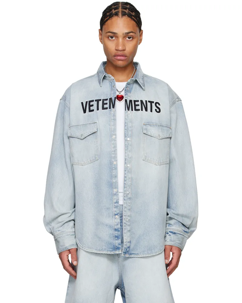 VETEMENTS Blue Embroidered Logo Denim Shirt Light