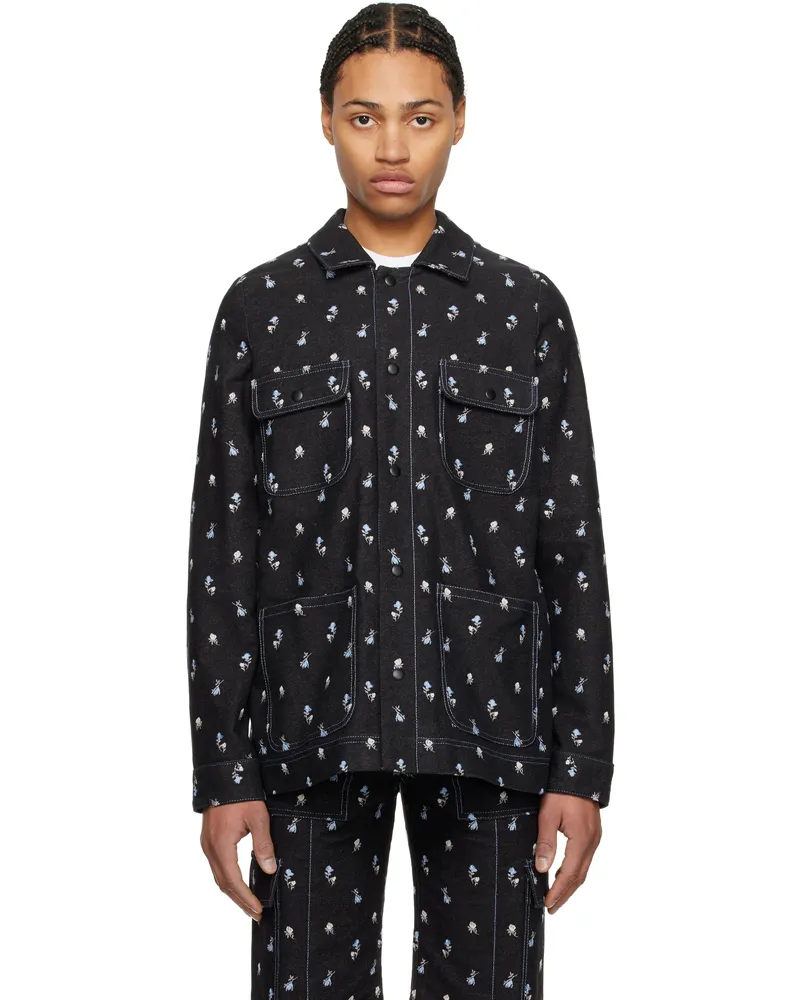 Anna Sui Black Embroidered Roses Barn Denim Jacket Denim