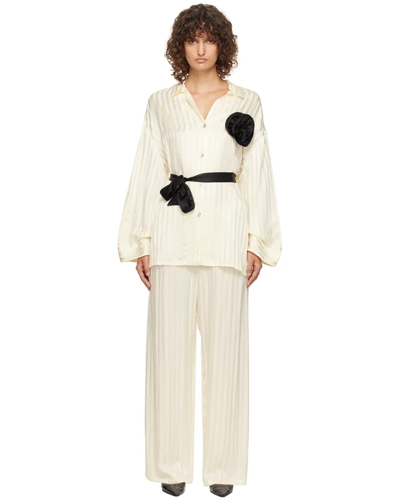 SLEEPER Off-White Rose Oversized Satin Pyjama Set Cream