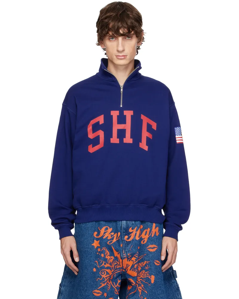 Sky High Farm Workwear Blue 'SHF' Quarter Zip Sweater Navy