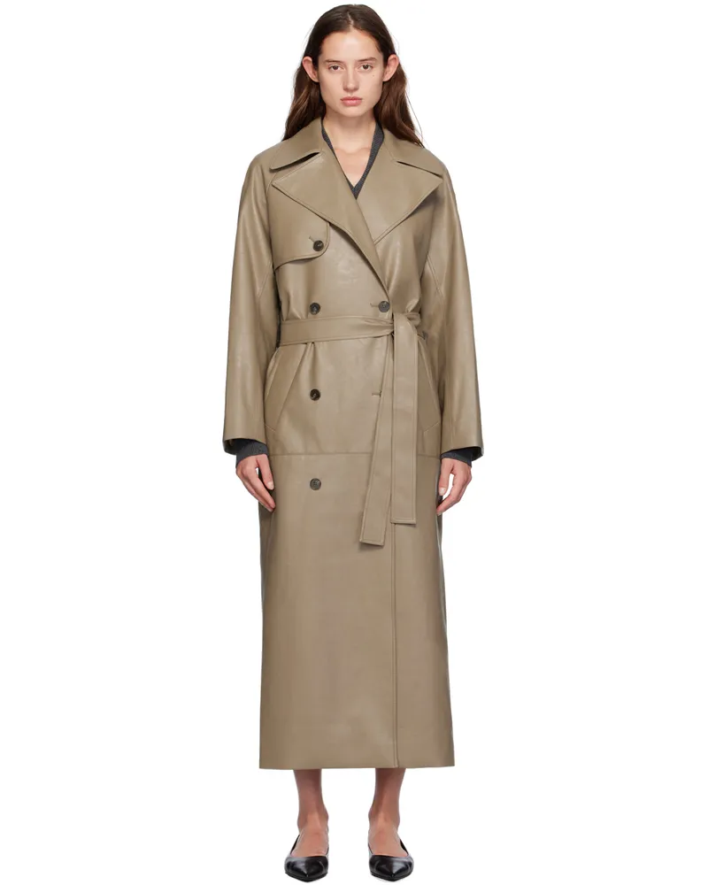GIA STUDIOS Beige Double-Breasted Faux-Leather Trench Coat Beige