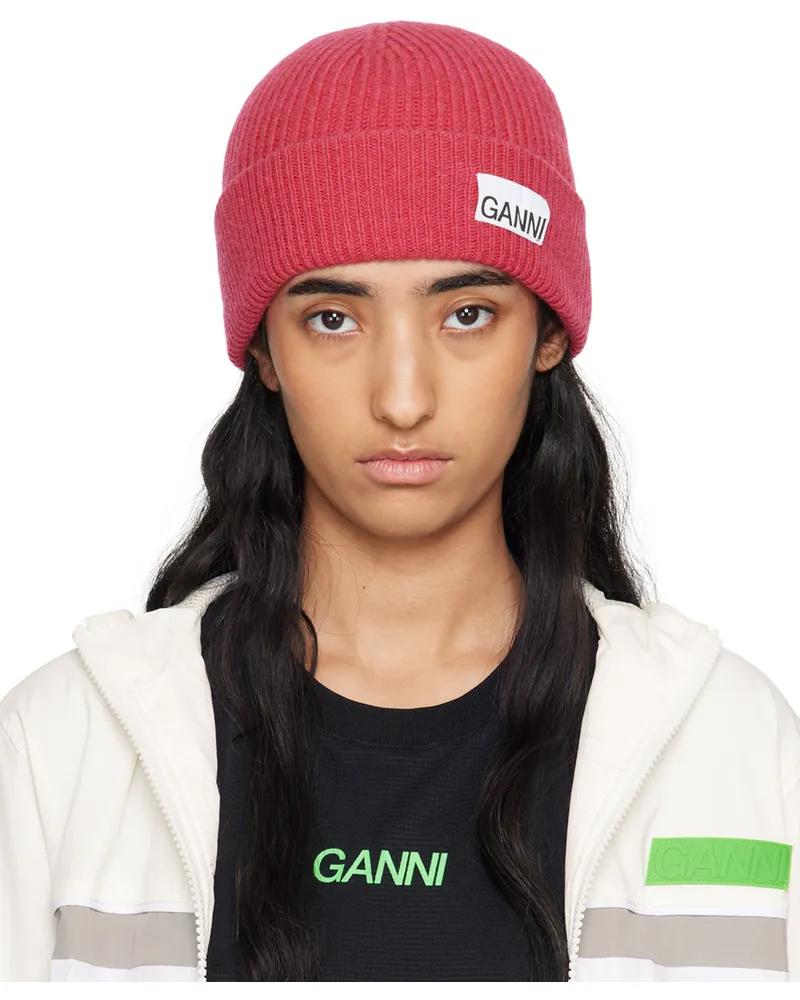 Ganni Pink Fitted Wool Rib Knit Beanie 266