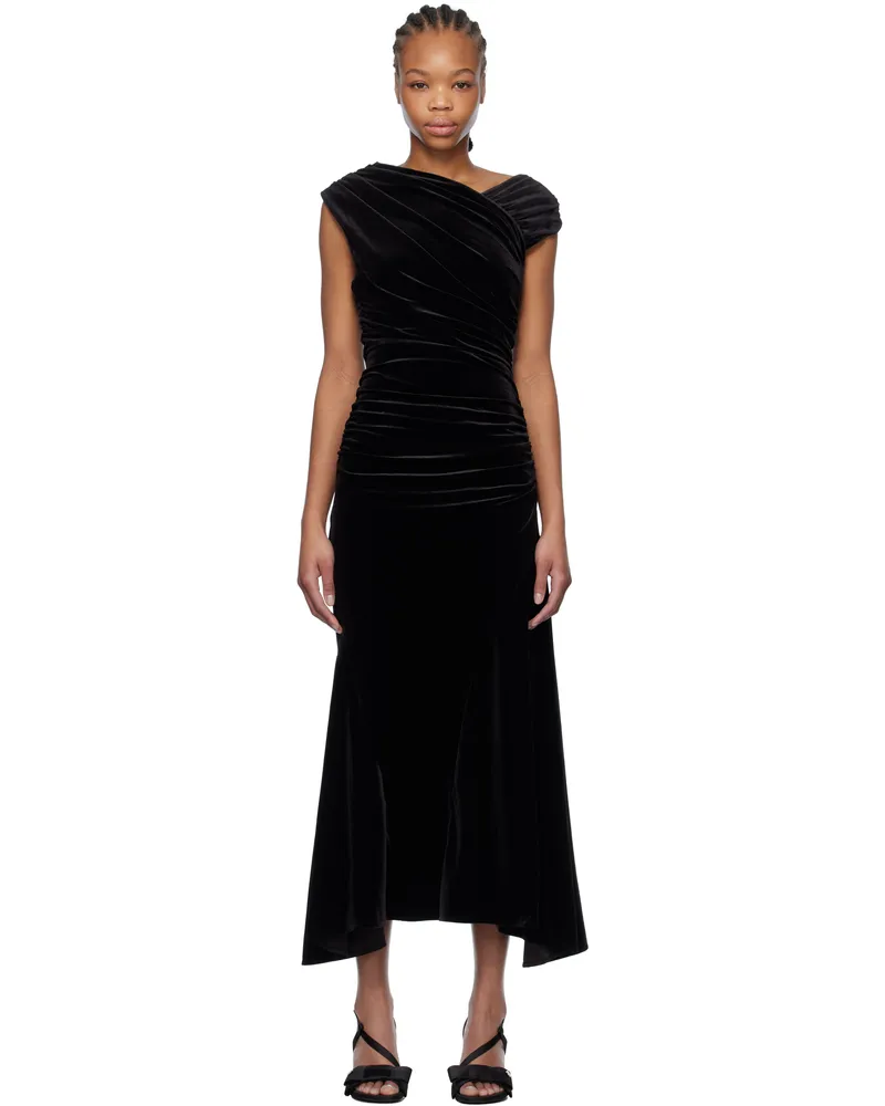 Ganni Black Velvet Ruched Maxi Dress 099