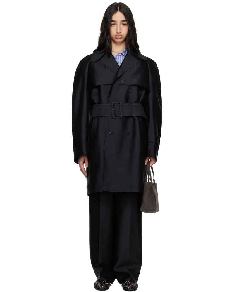 Carven Black Silk Wool Trench Coat Black