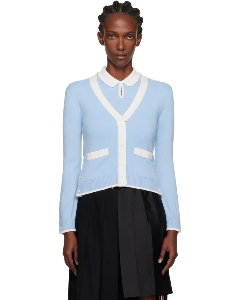 Thom Browne Blue Jersey Stitch Cashmere V-Neck Cardigan 472