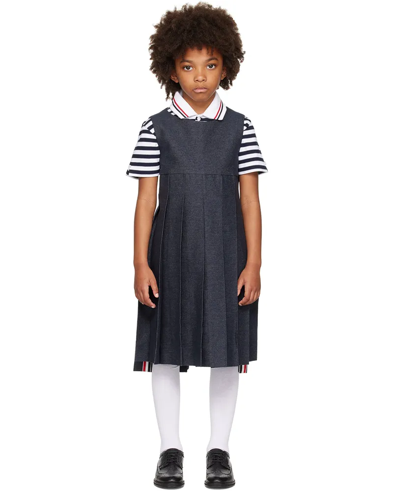 Thom Browne Kids Navy Pleated Denim Dress Navy