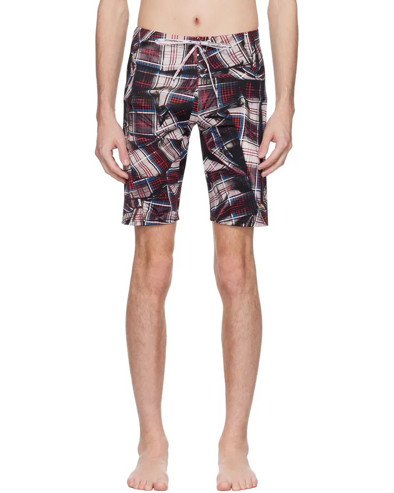 Vivienne Westwood Red & Black Draped Tartan Fitted Swim Shorts Ss25-h401