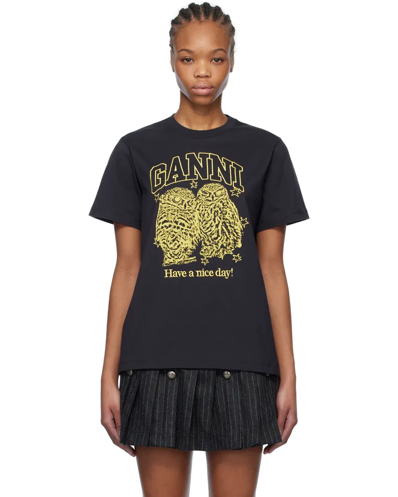 Ganni Black Basic Jersey Owls Relaxed T-shirt 252