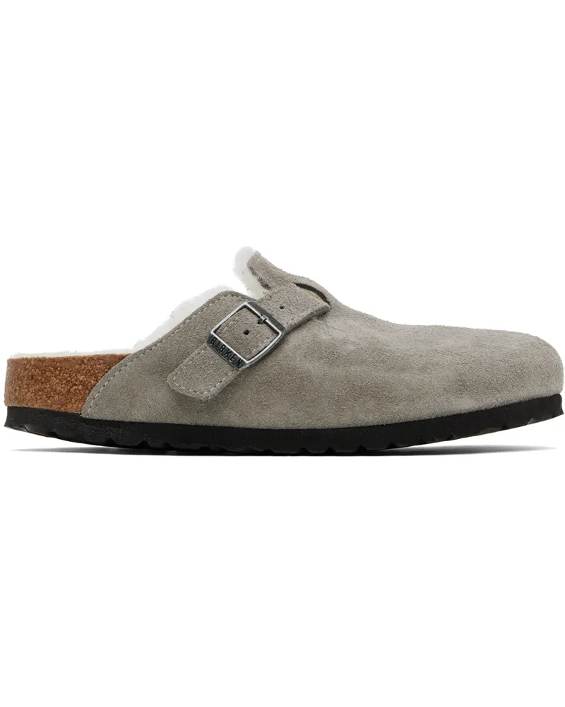 Birkenstock Gray Narrow Boston Shearling Loafers Stone