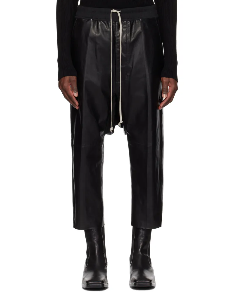 Rick Owens Black Hollywood Drawstring Cropped Leather Pants 09
