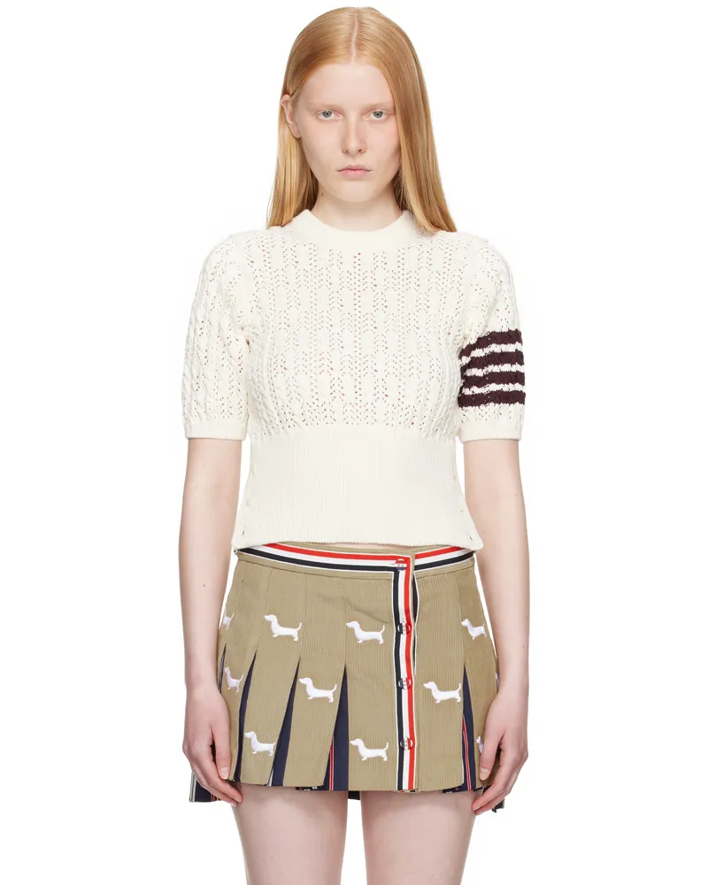 Thom Browne Off-White Pointelle Cable Stitch 4-Bar Sweater 100