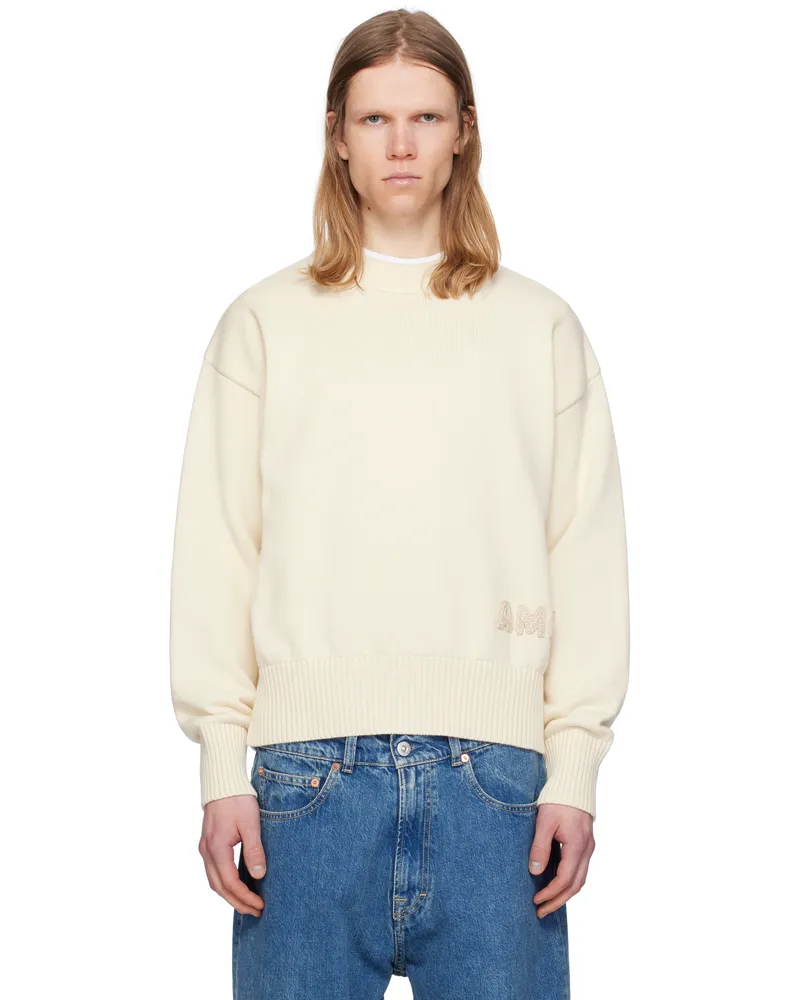 AMI Paris Off-White Cotton 'Ami' Embroidered Crewneck Sweater 136
