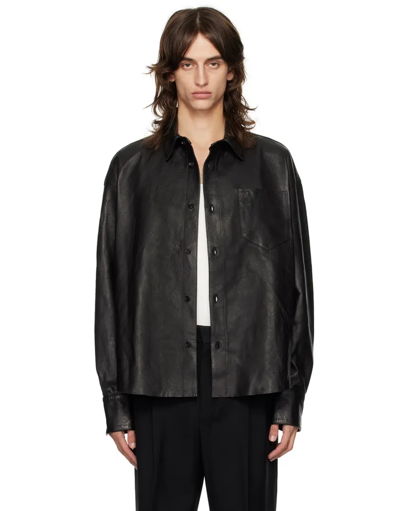 AMI Paris Black Boxy Fit Leather Jacket Black
