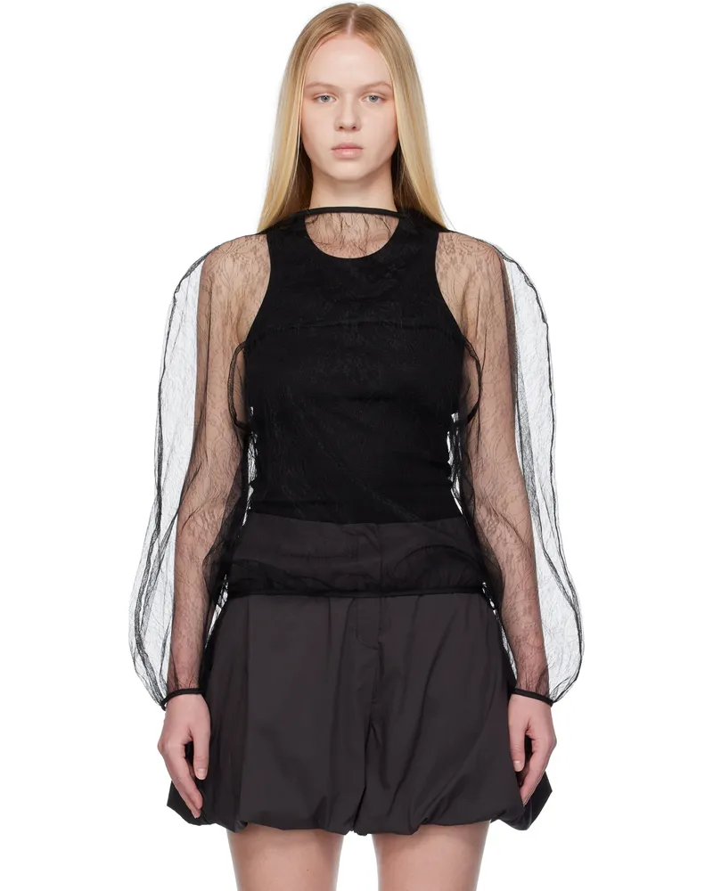 AMOMENTO Black Sheer Lace Mock Neck Top Black