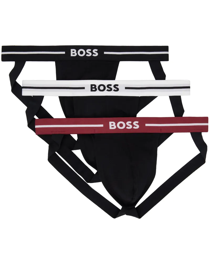 HUGO BOSS Three-Pack Black Jacquard Logo Jock Straps Open