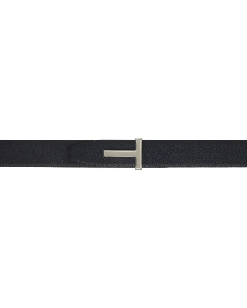 Tom Ford Navy & Black Grain Leather T Icon Reversible Belt Dark