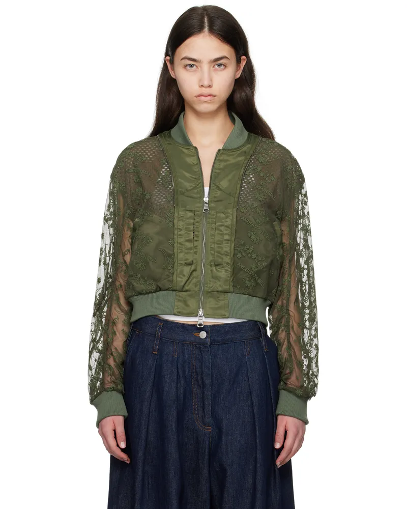 Andersson Bell Khaki Layered Logo Lace Short Bomber Jacket Green