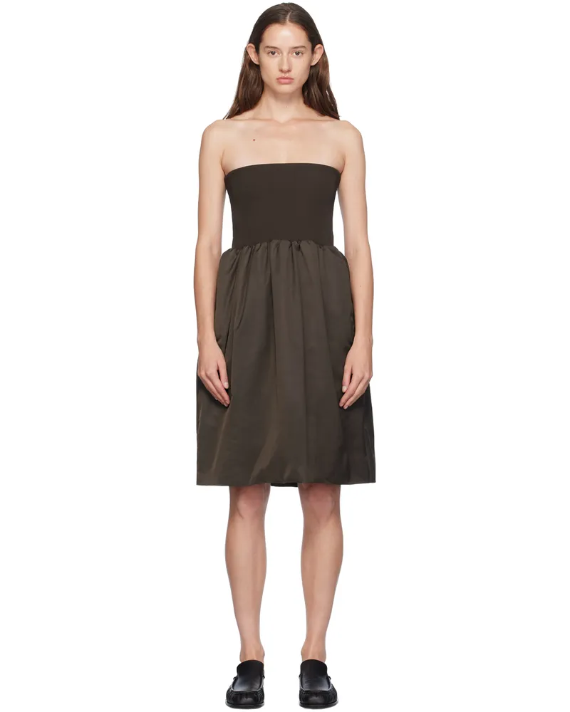 AMOMENTO Brown Shirring Flare Midi Skirt Brown