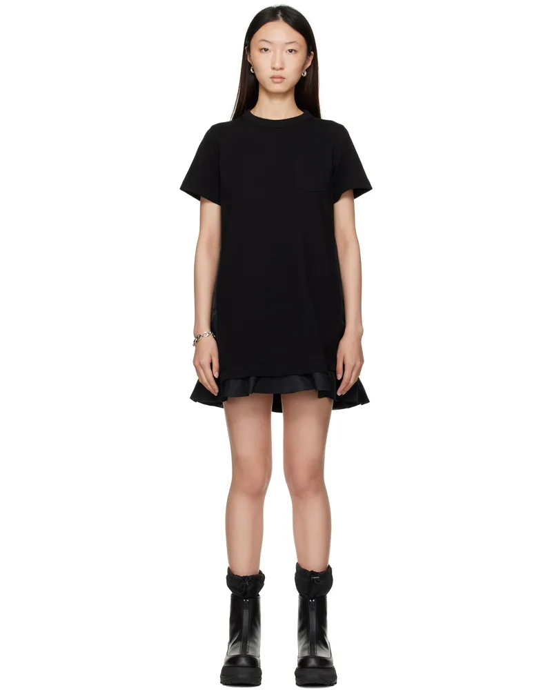 Sacai Black Nylon Twill & Cotton Jersey Minidress 001