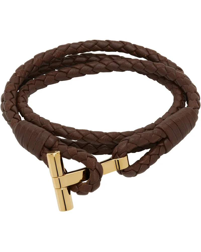 Tom Ford Brown Braided T Leather Bracelet Tan