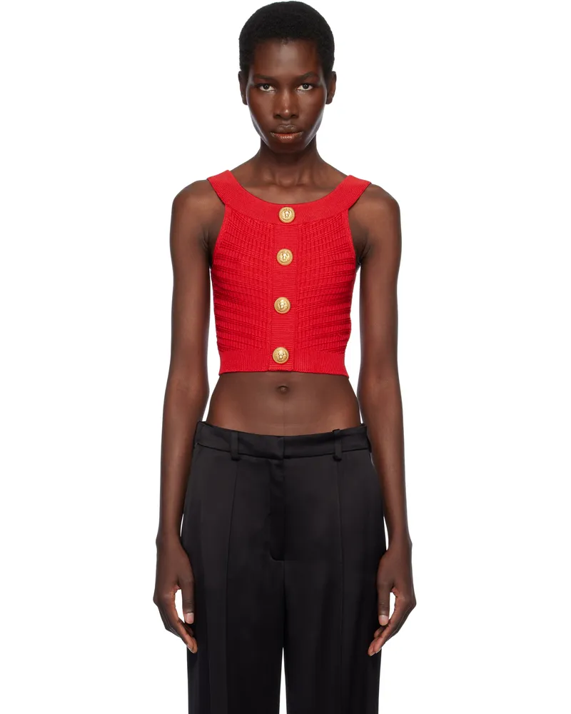 Balmain Red Buttoned Boatneck Knit Cropped Tank Top 3kb