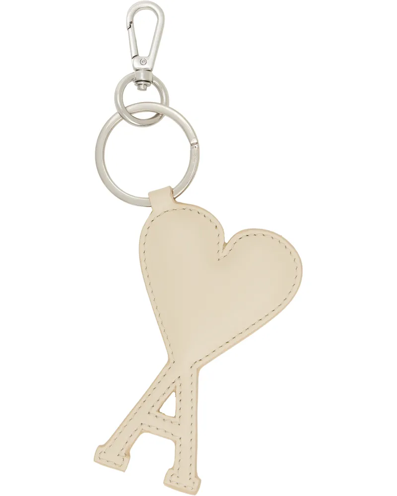 AMI Paris Silver & Beige Leather Ami de Coeur Keychain White