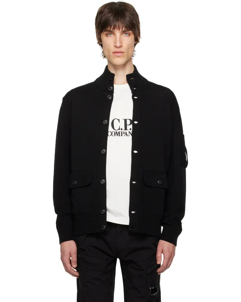 C.P. Company Black Compact Cotton Full Button Lens Knit Cardigan 999